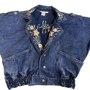 Dolly Denim Cropped Denim Jean Jacket, Western‎ L Jeweled Studded Floral (READ)
